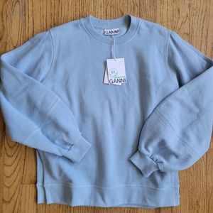 Ganni puff sleeve pullover sweatshirt sly blue, organic cotton pullover